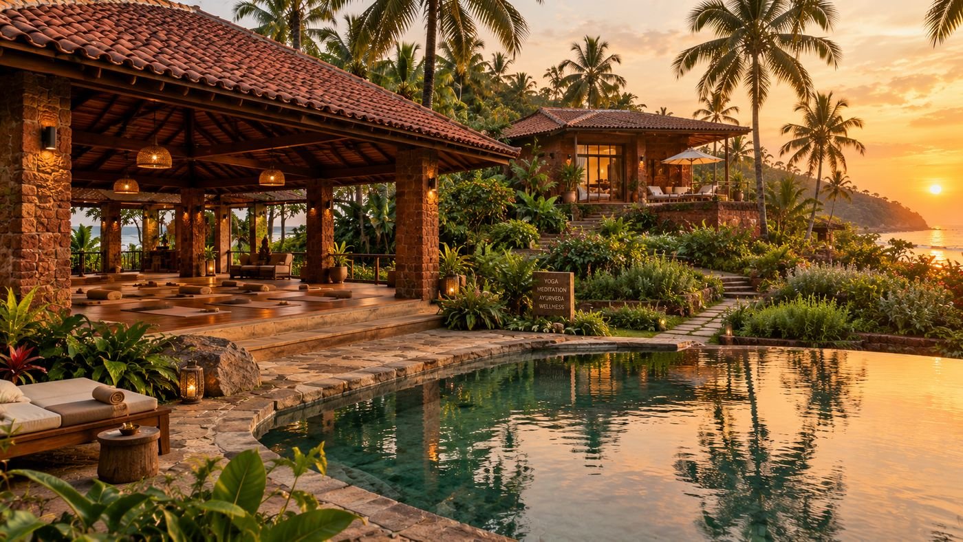 Open-air yoga shala and pool overlooking the sea at sunset